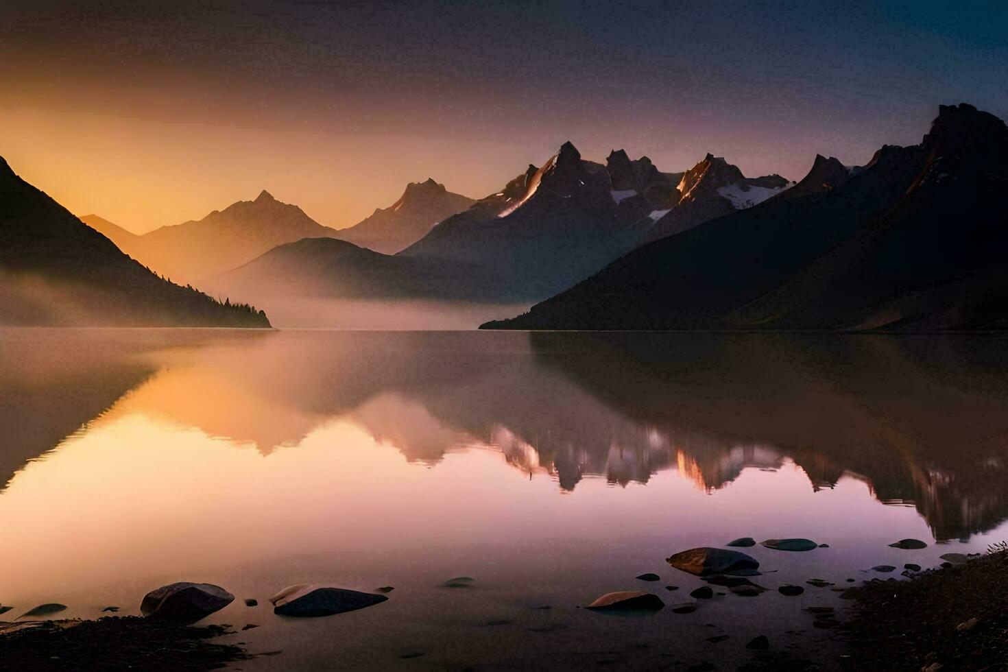 a mountain range is reflected in the water at sunset. AI-Generated photo