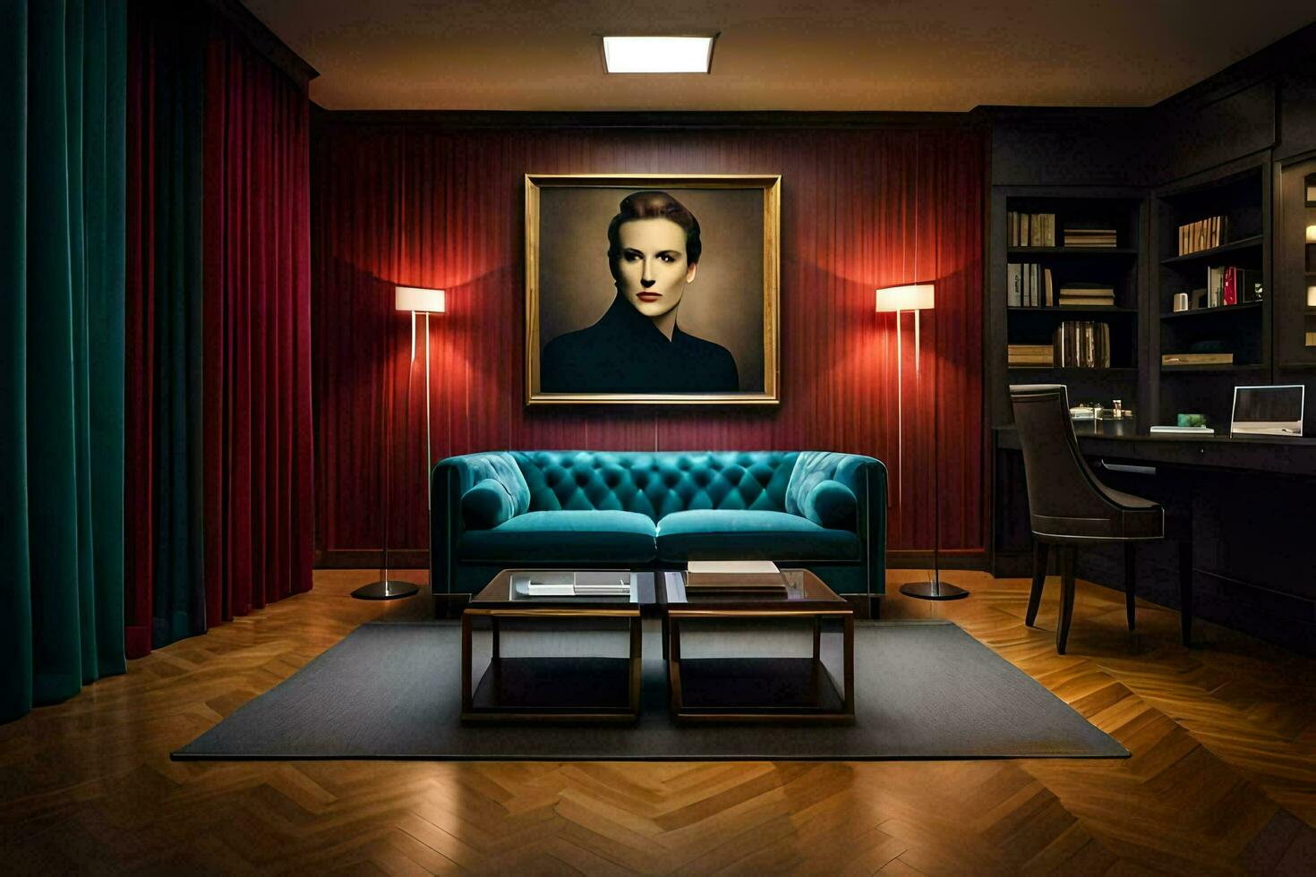 a room with a blue couch and a painting on the wall. AI-Generated photo