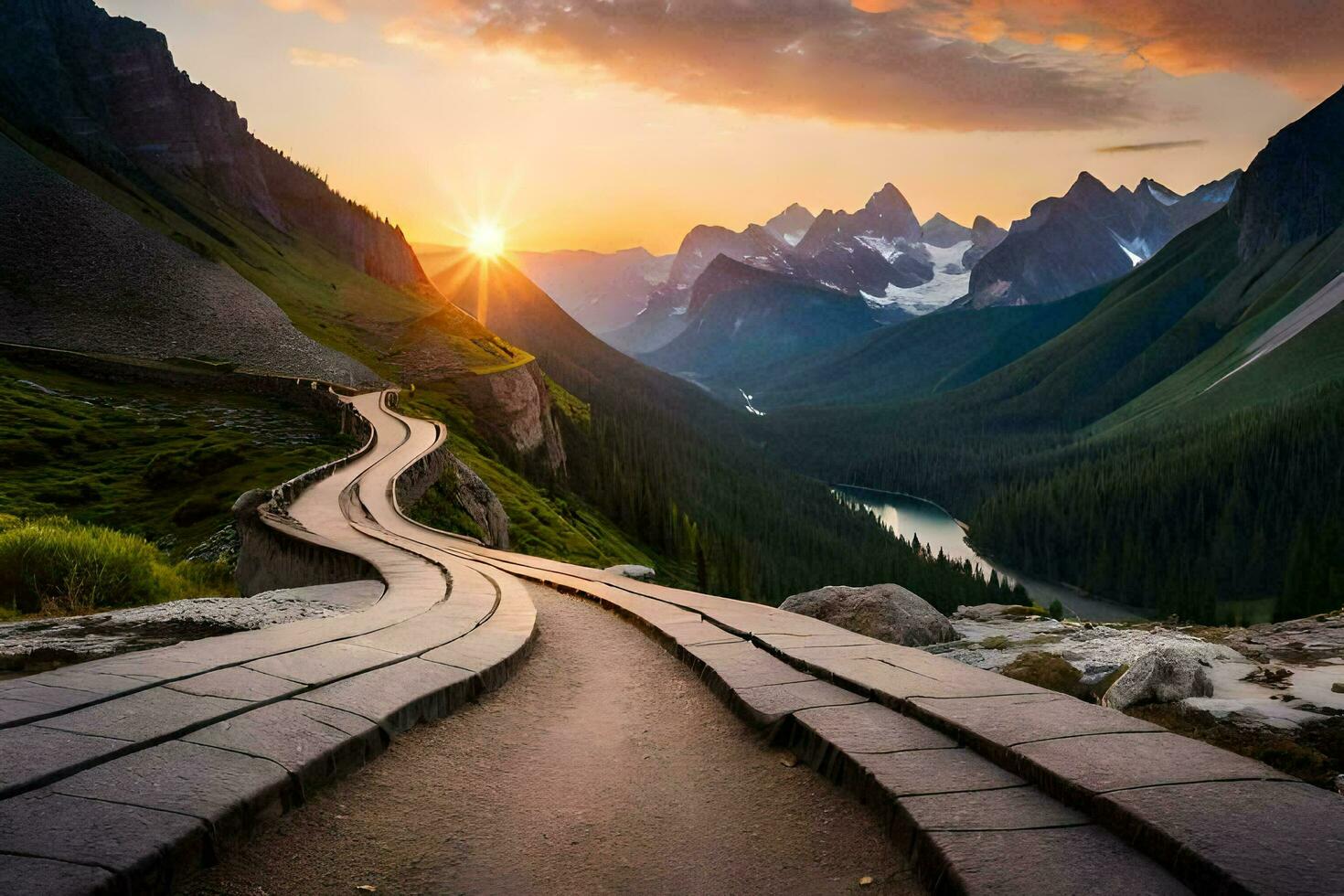 the sun sets over a mountain range with a winding road. AI-Generated photo