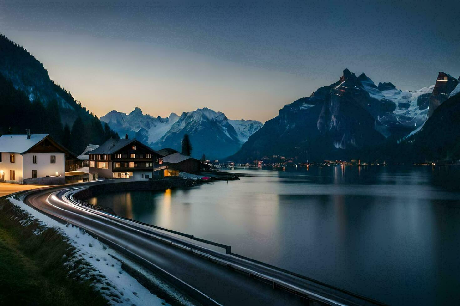 un largo exposición foto de un la carretera y montaña rango. generado por ai