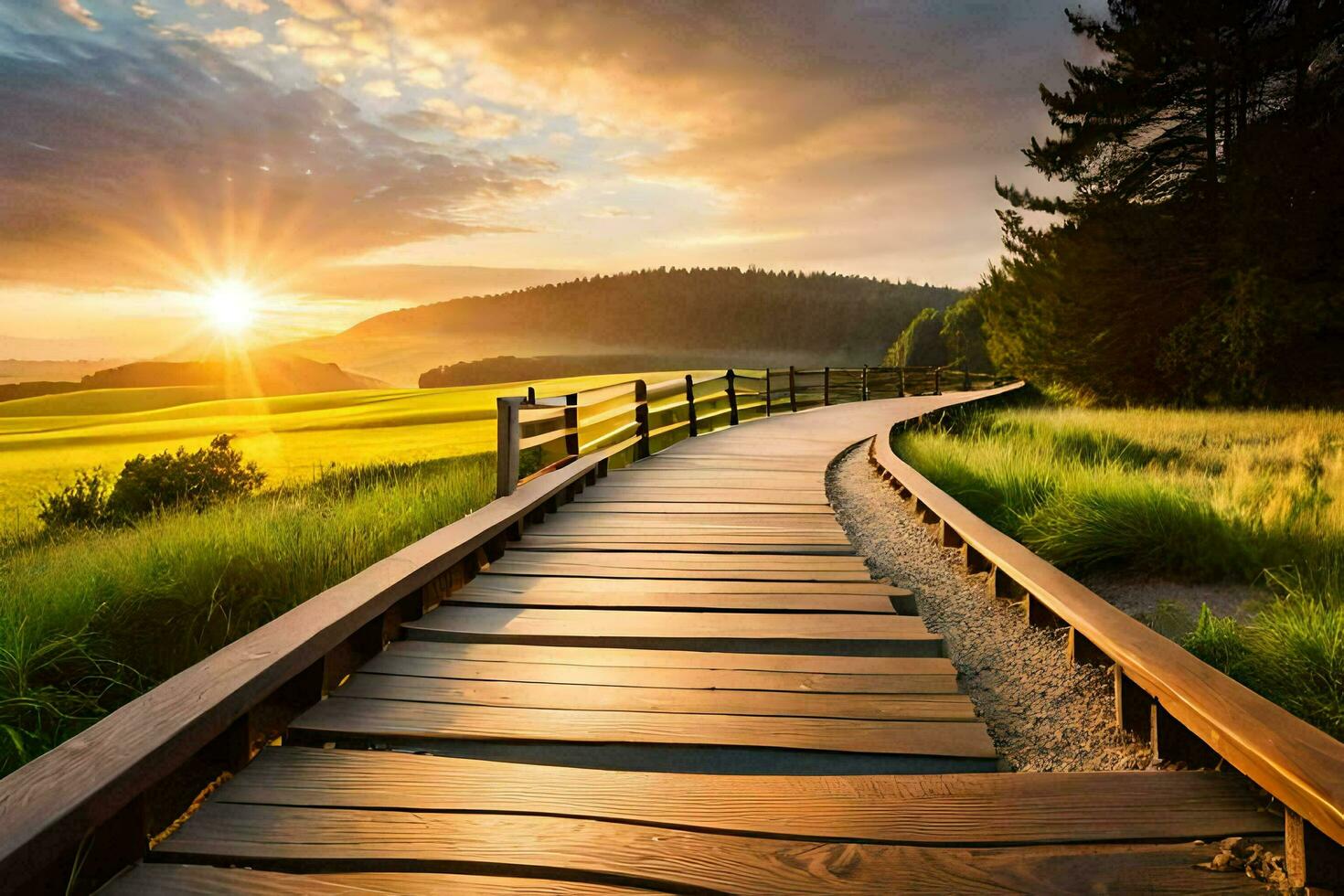 a wooden path leads to the sun. AI-Generated photo