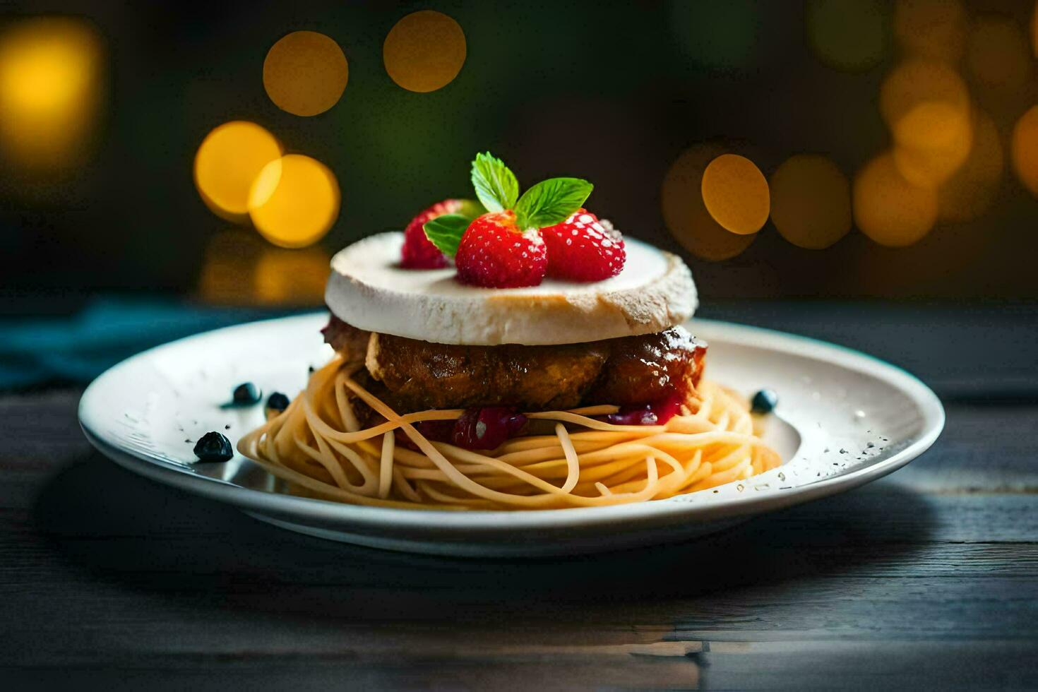a plate with spaghetti and a dessert on a wooden table. AI-Generated photo