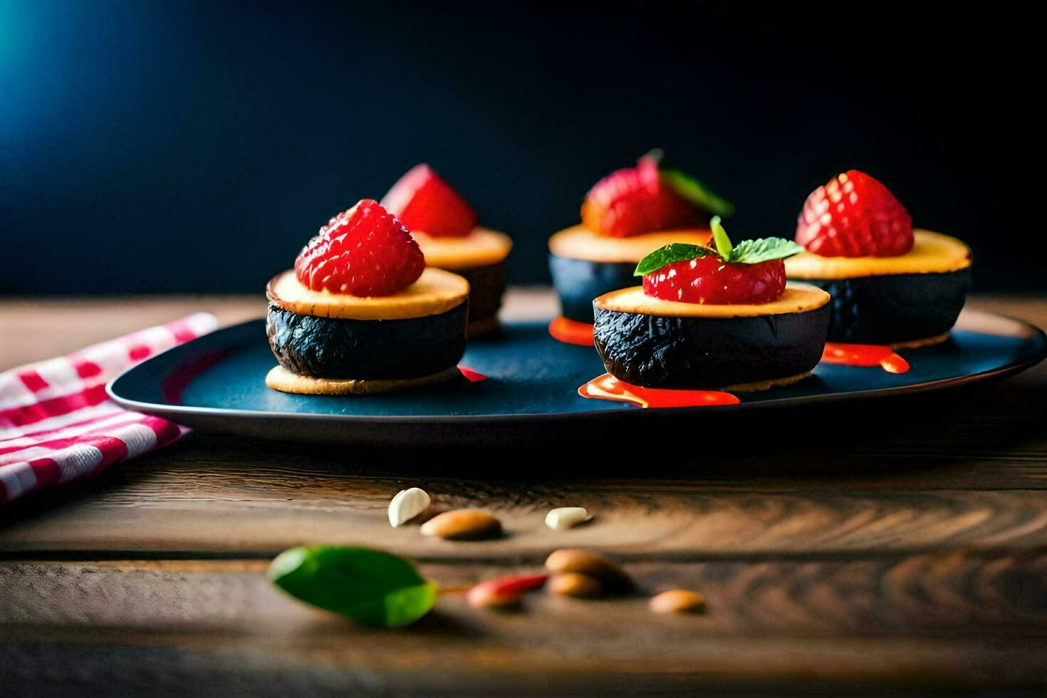 mini postres con fresas y nueces en un negro lámina. generado por ai foto