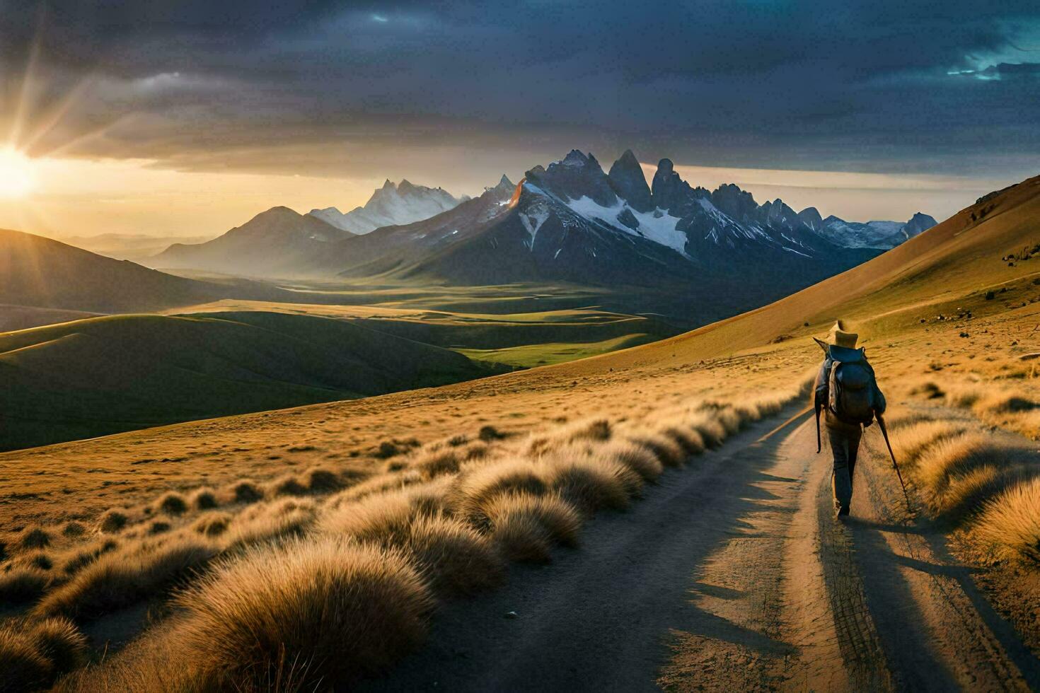 a man walks on a dirt road in the mountains. AI-Generated photo