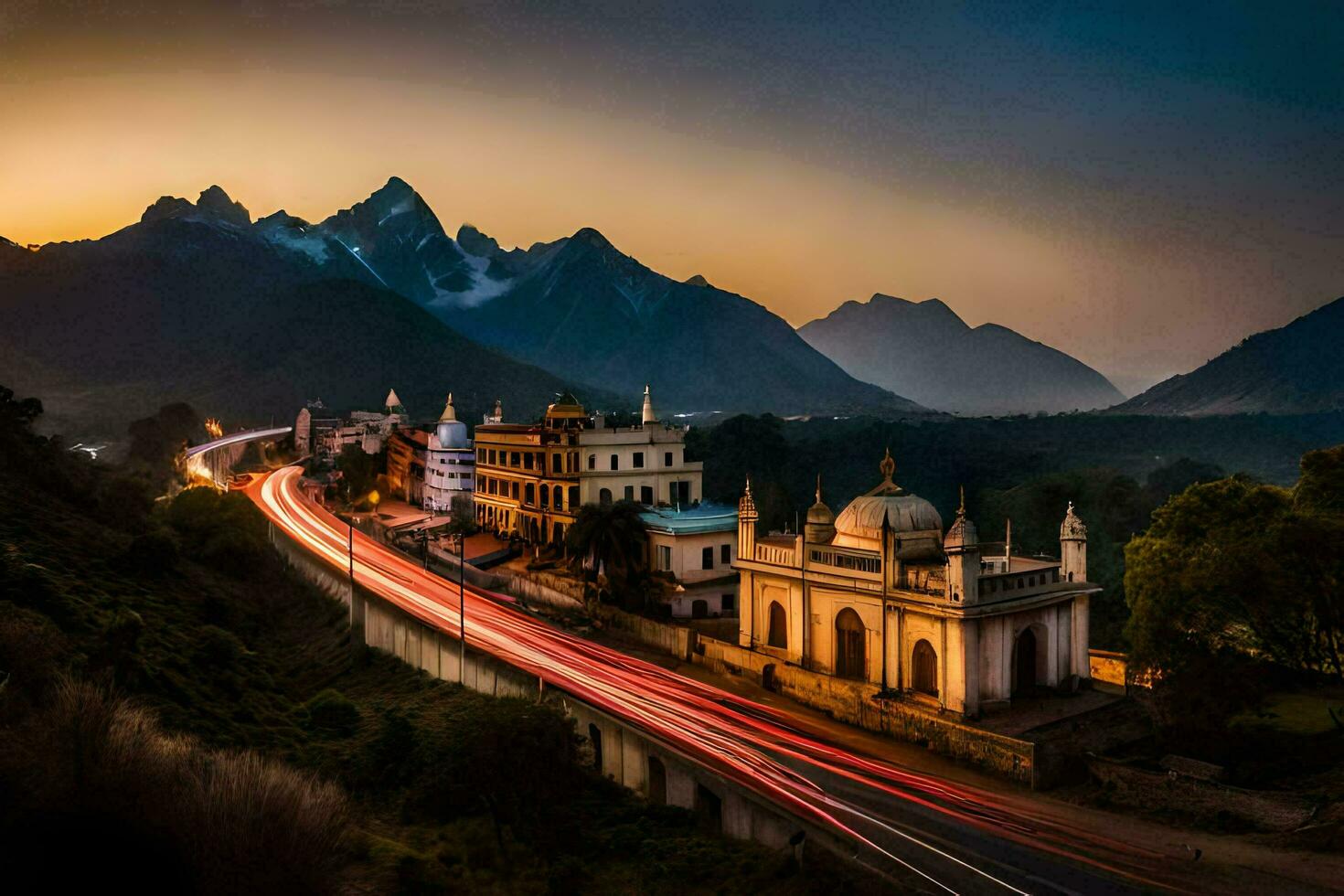 a road in front of a mountain with a light trail of cars. AI-Generated photo