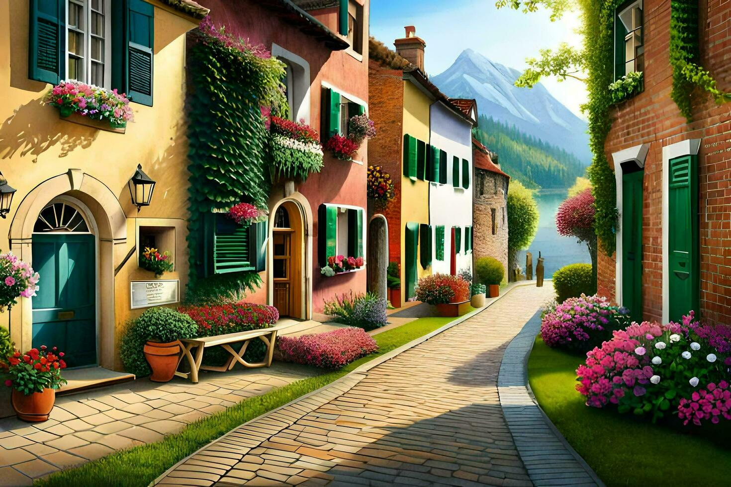 a painting of a street in a village with flowers and flowers. AI-Generated photo