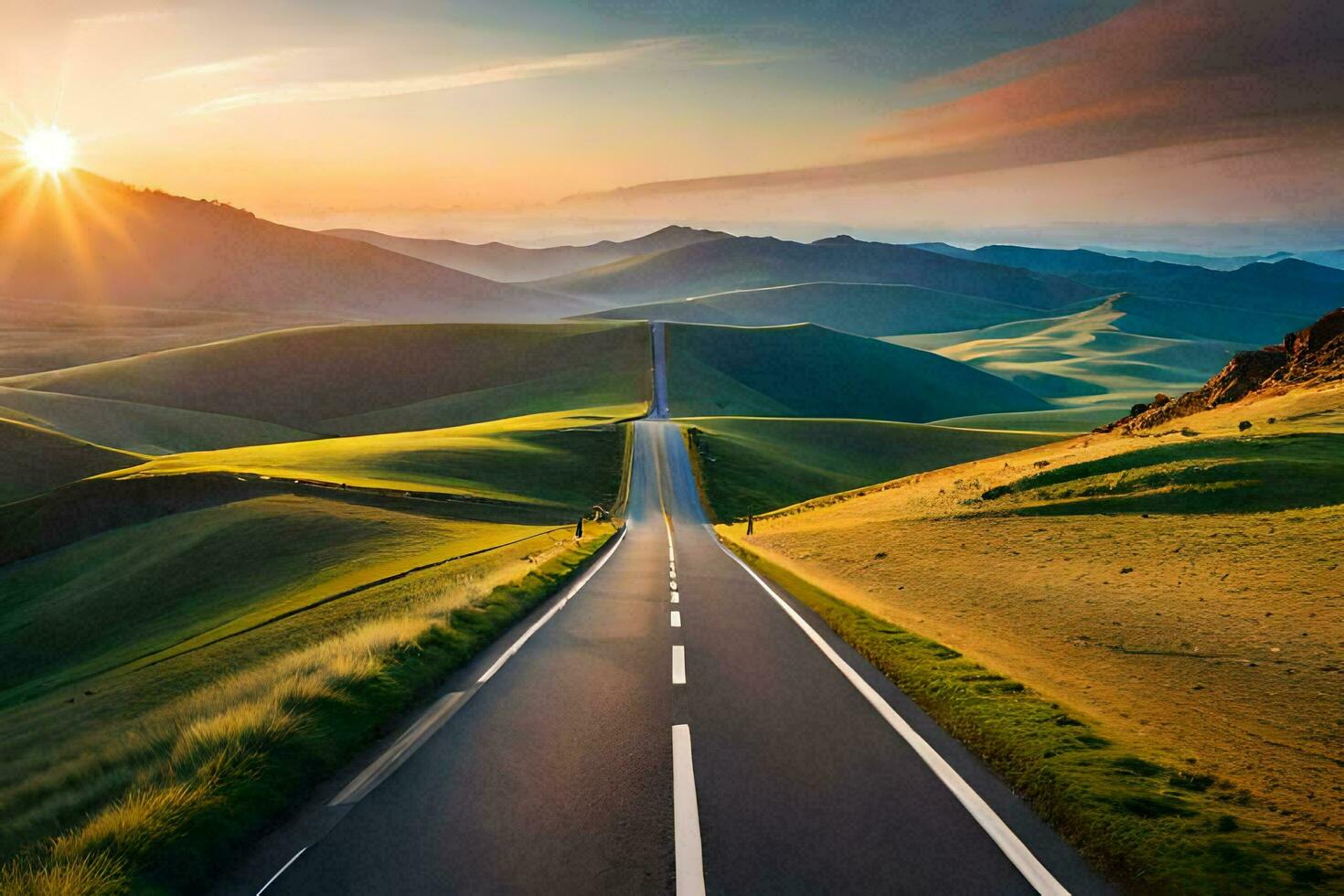 el la carretera a el puesta de sol. generado por ai foto