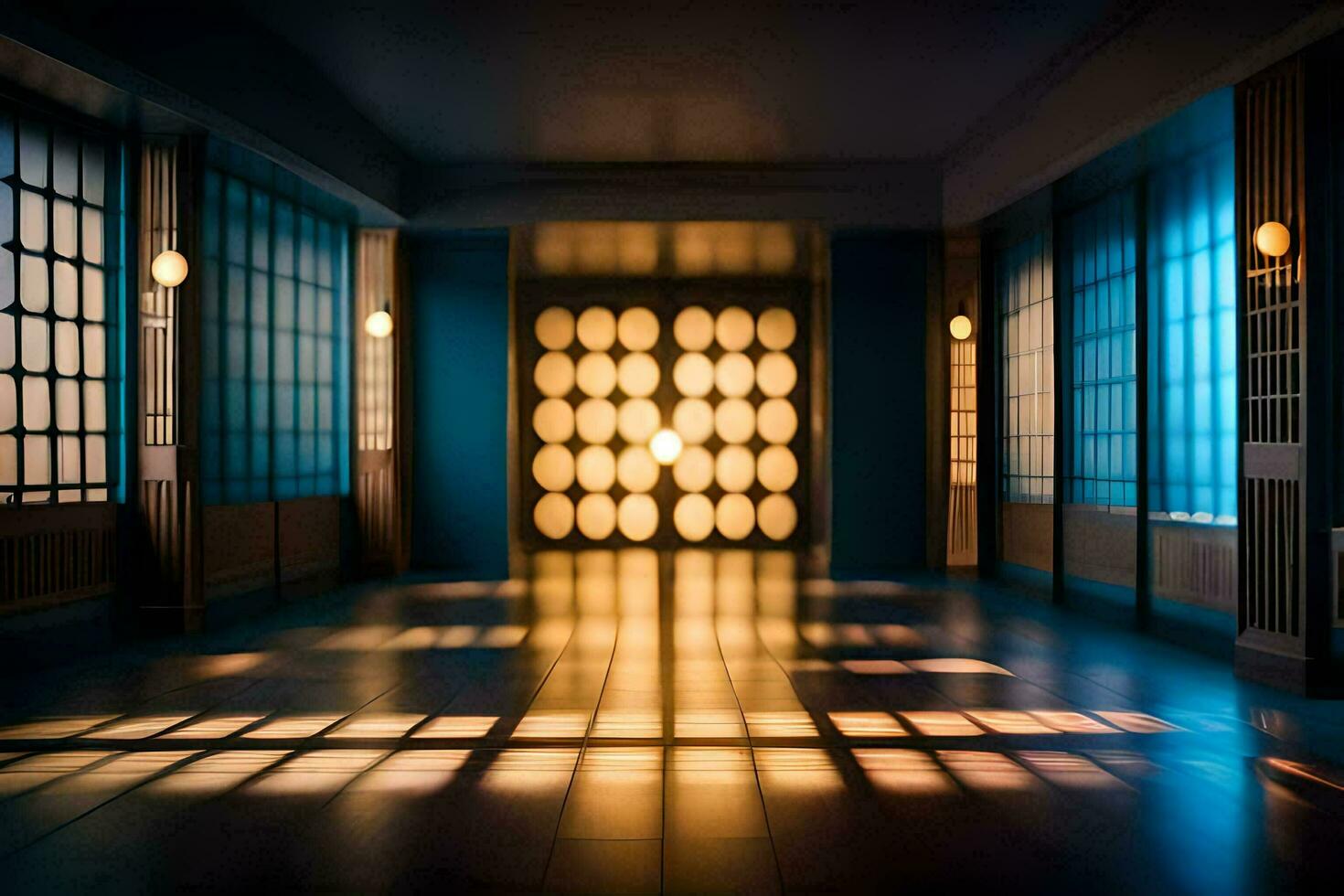 a hallway with light shining through the windows. AI-Generated photo