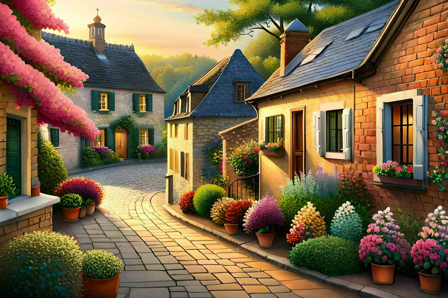 a painting of a street with flowers and potted plants. AI-Generated photo