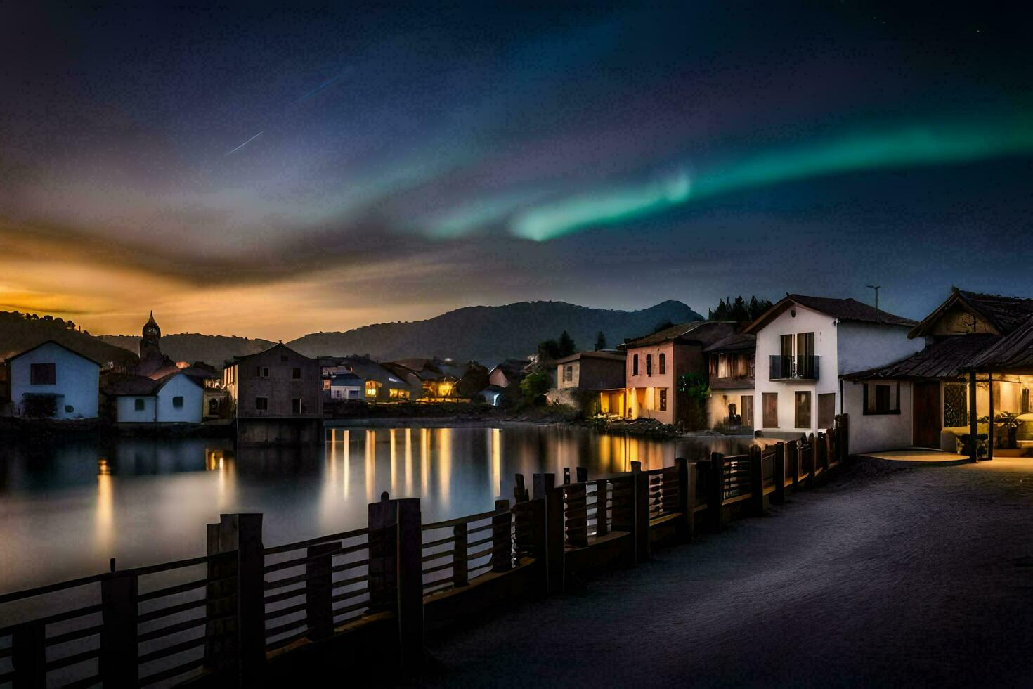 the aurora borealis lights up the sky over a lake. AI-Generated photo
