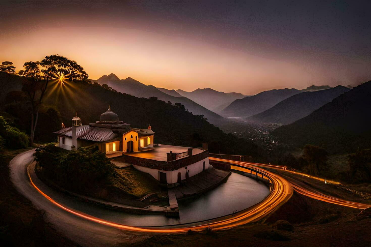 a house in the mountains at sunset. AI-Generated photo