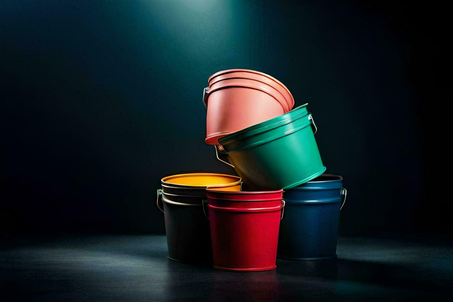 colorful buckets on a dark background. AI-Generated photo