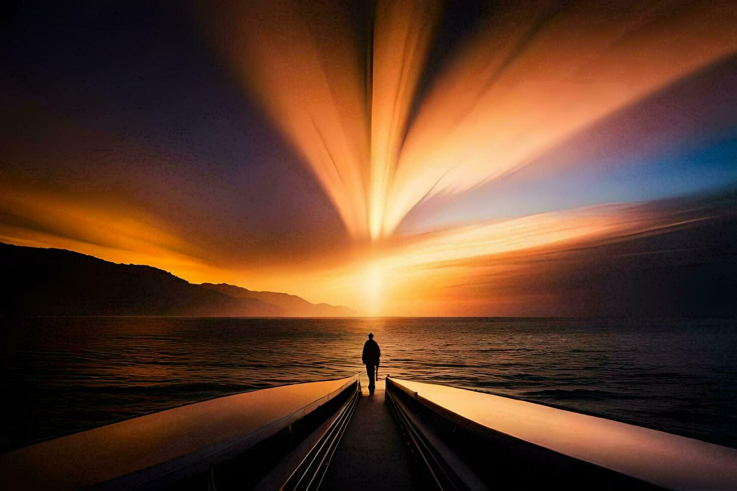 a man standing on a dock looking at the sun. AI-Generated photo