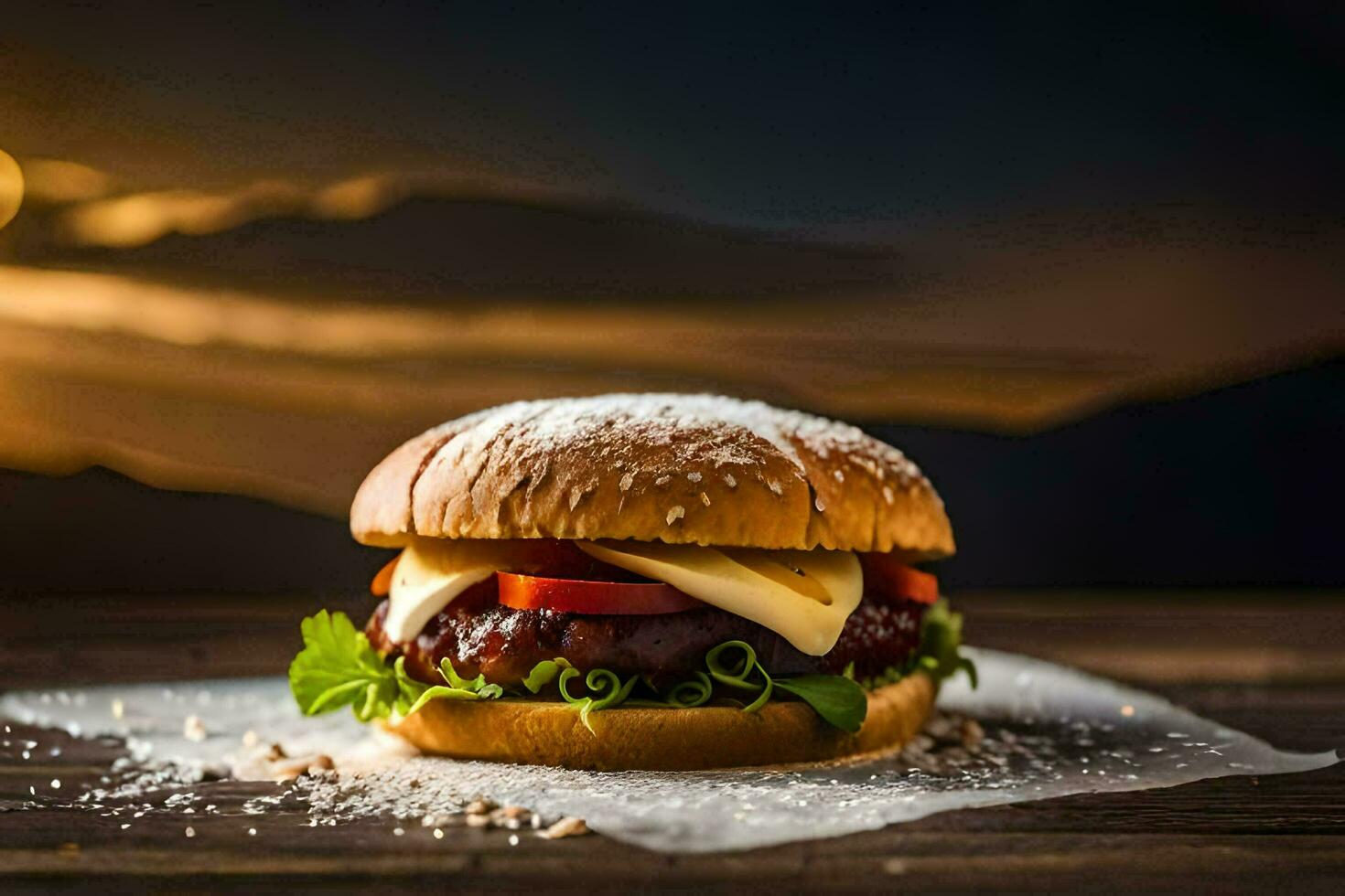 un hamburguesa en un de madera mesa con un puesta de sol en el antecedentes. generado por ai foto