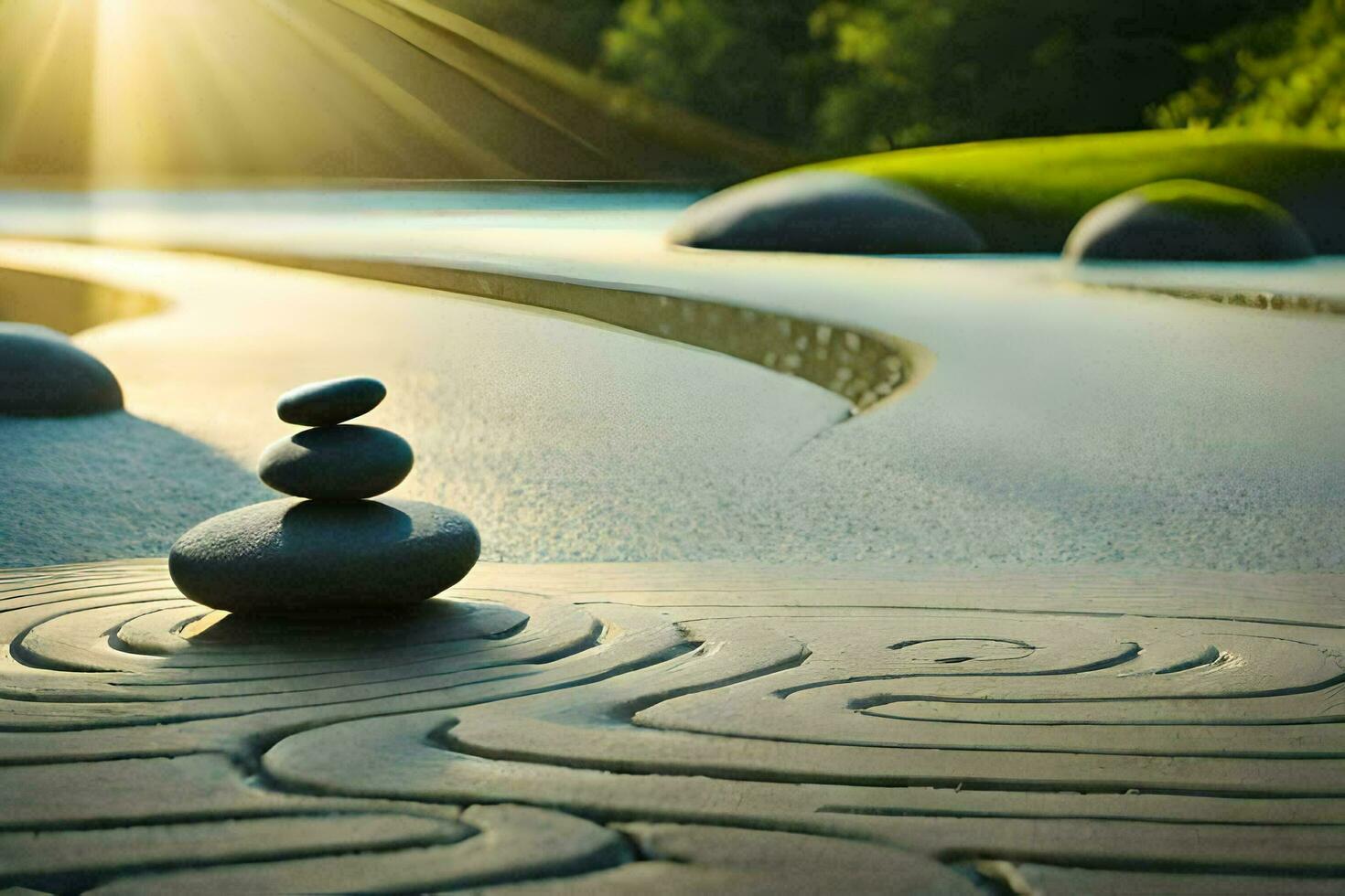 a zen garden with stones and water. AI-Generated photo