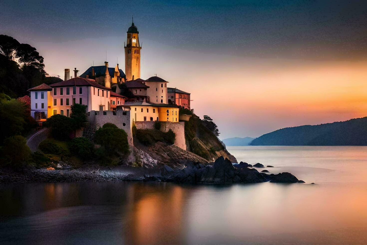 a castle sits on the shore of a lake at sunset. AI-Generated photo