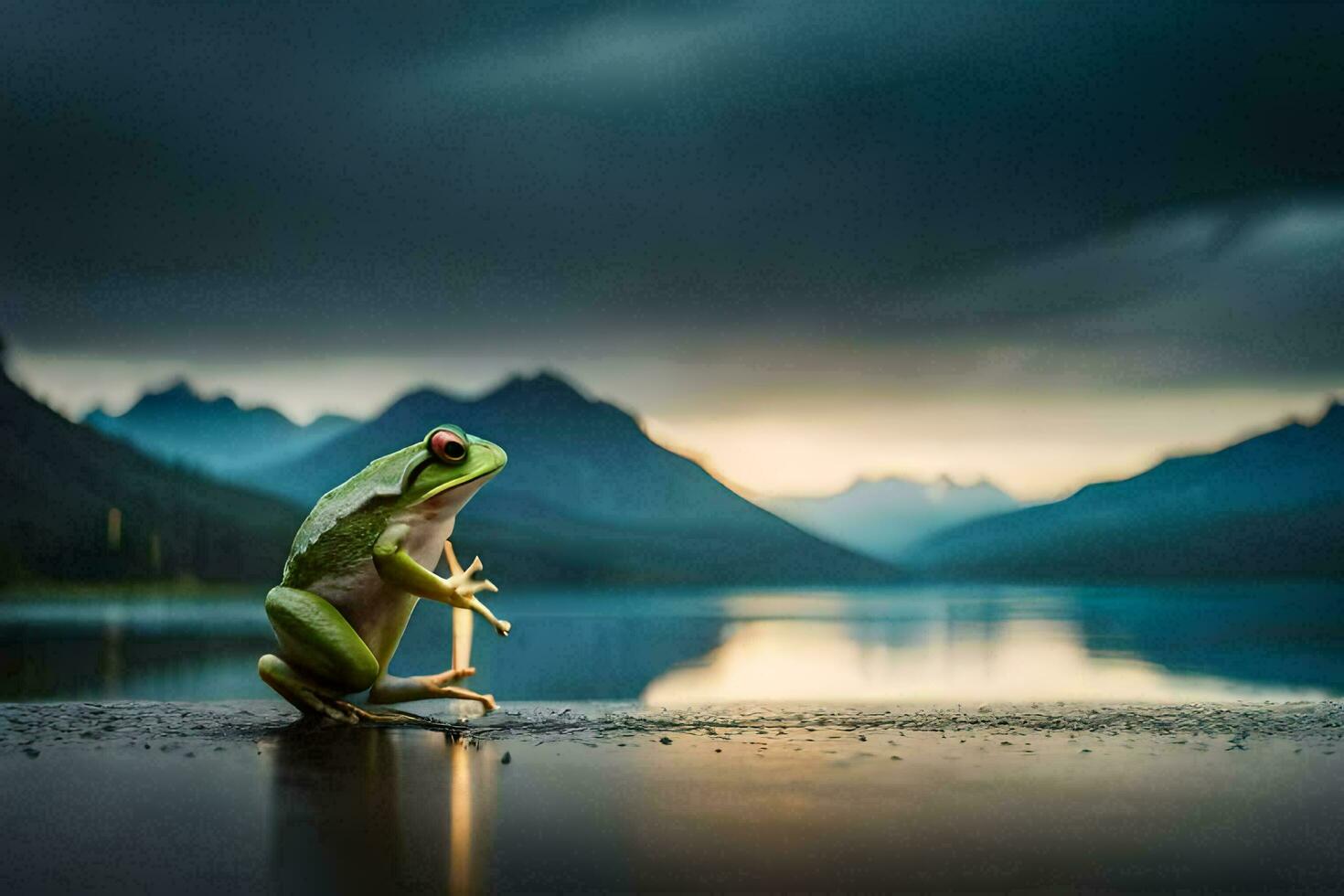 a frog sitting on the edge of a lake with mountains in the background. AI-Generated photo