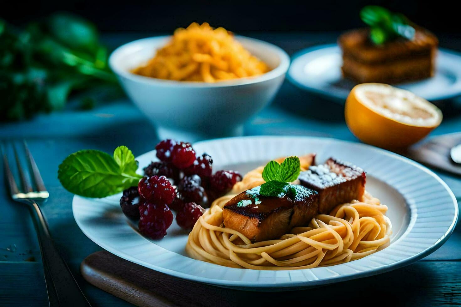 the food is served on a plate with a fork and a knife. AI-Generated photo