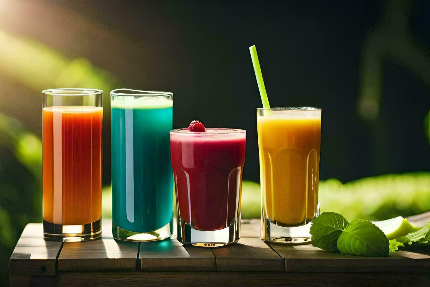 four different types of juices are sitting on a table. AIGenerated