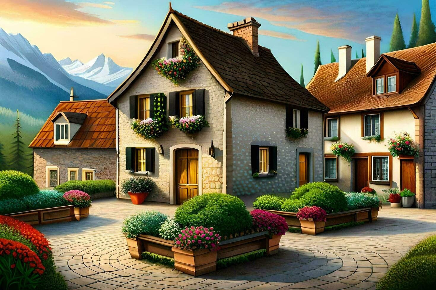 a painting of a village with flowers and trees. AI-Generated photo
