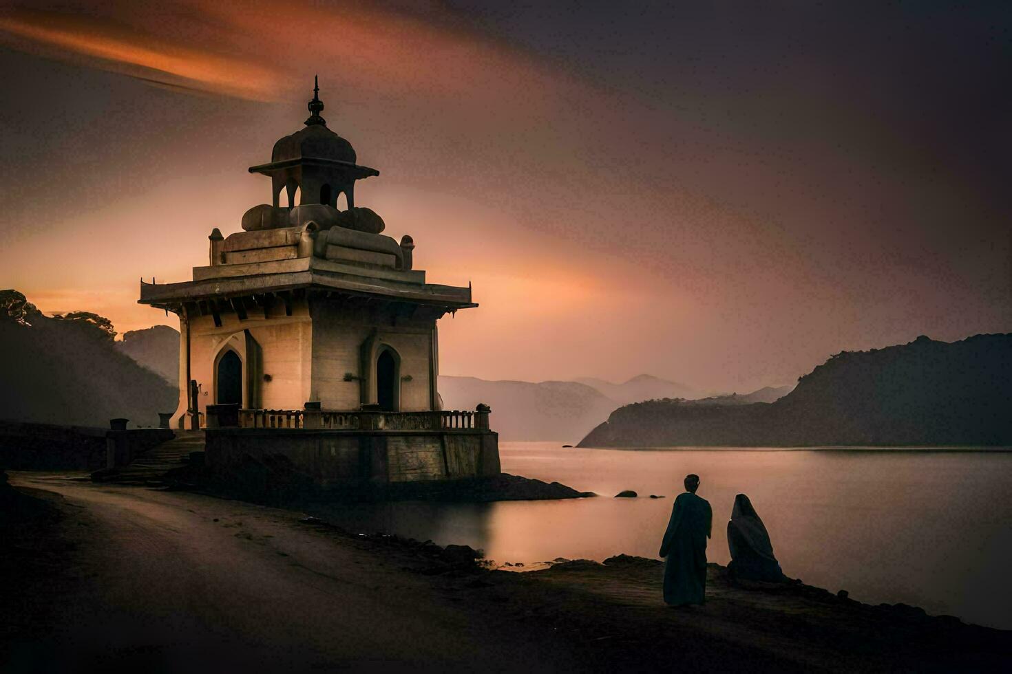 two people stand in front of a temple at sunset. AI-Generated photo