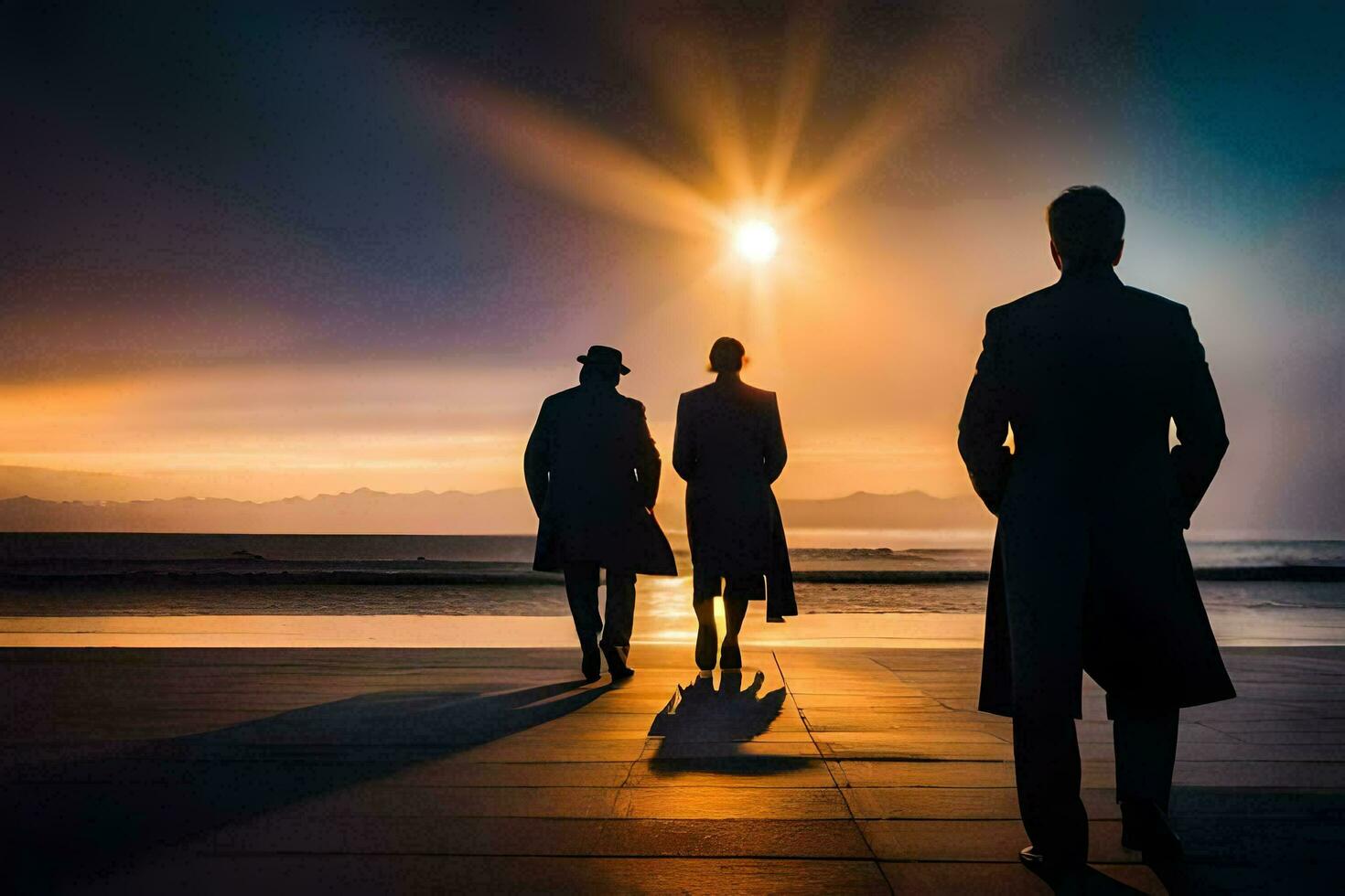 three men in suits walking along the beach at sunset. AI-Generated photo