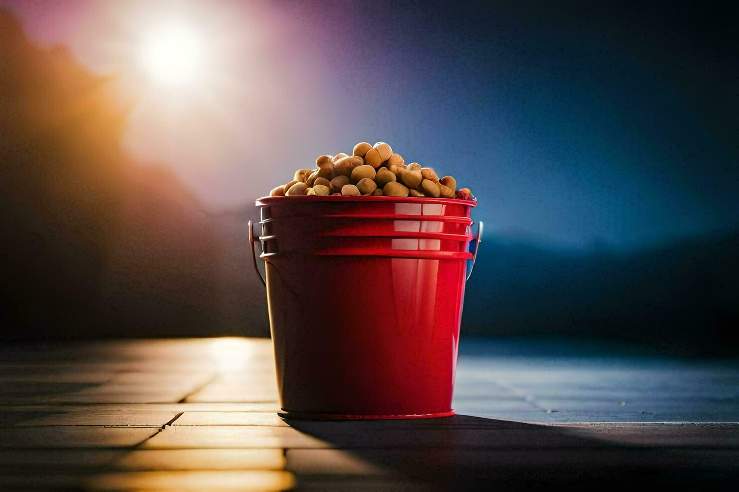 a red bucket filled with peanuts on a dark street. AI-Generated photo