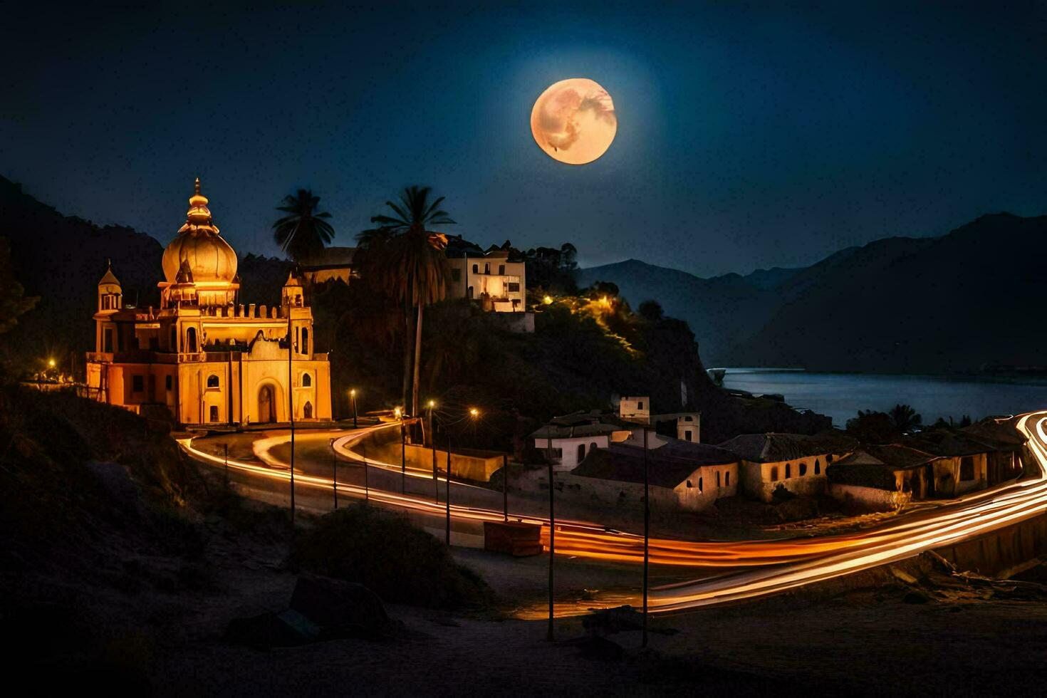 the moon rises over a church and a mountain. AI-Generated photo