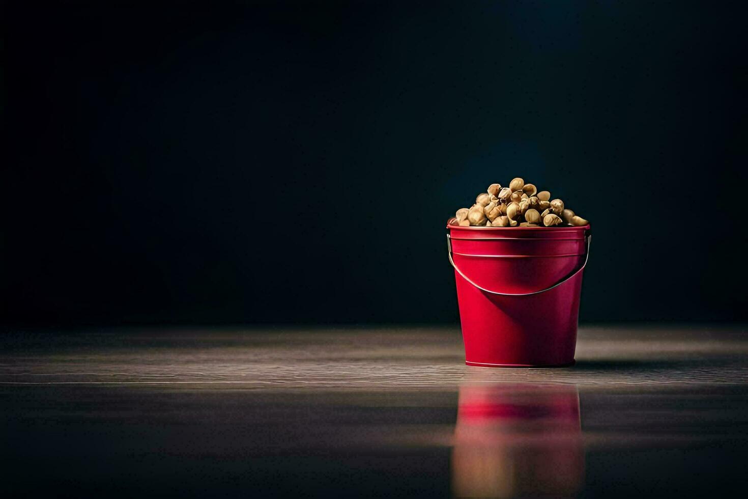 a red bucket filled with peanuts on a dark table. AI-Generated photo