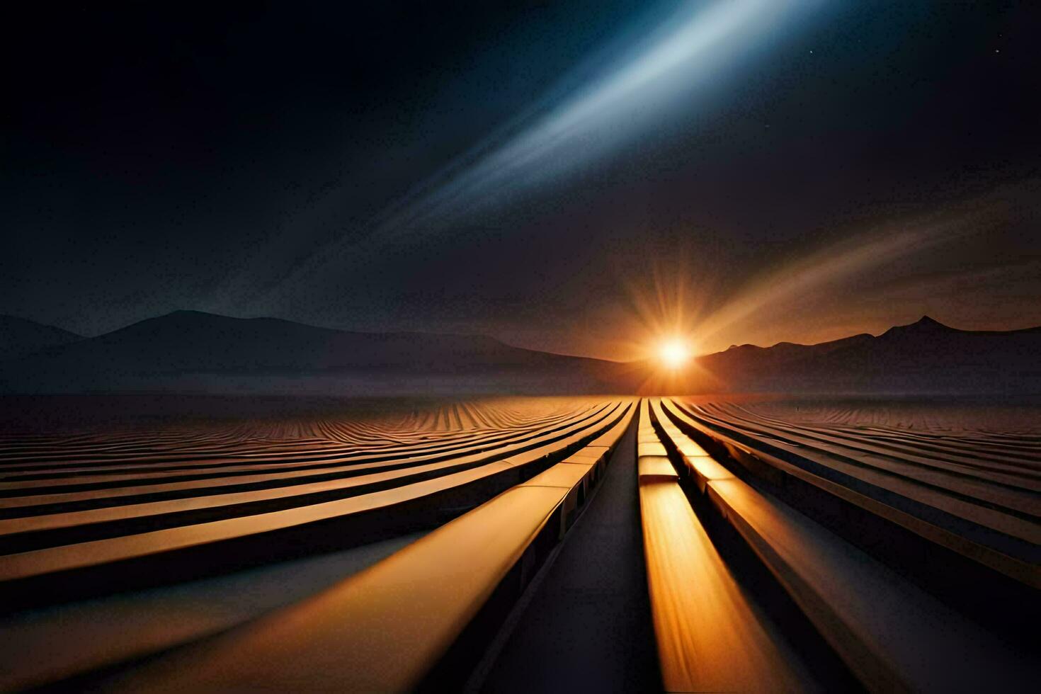a long exposure photograph of a train track in the desert. AI-Generated photo