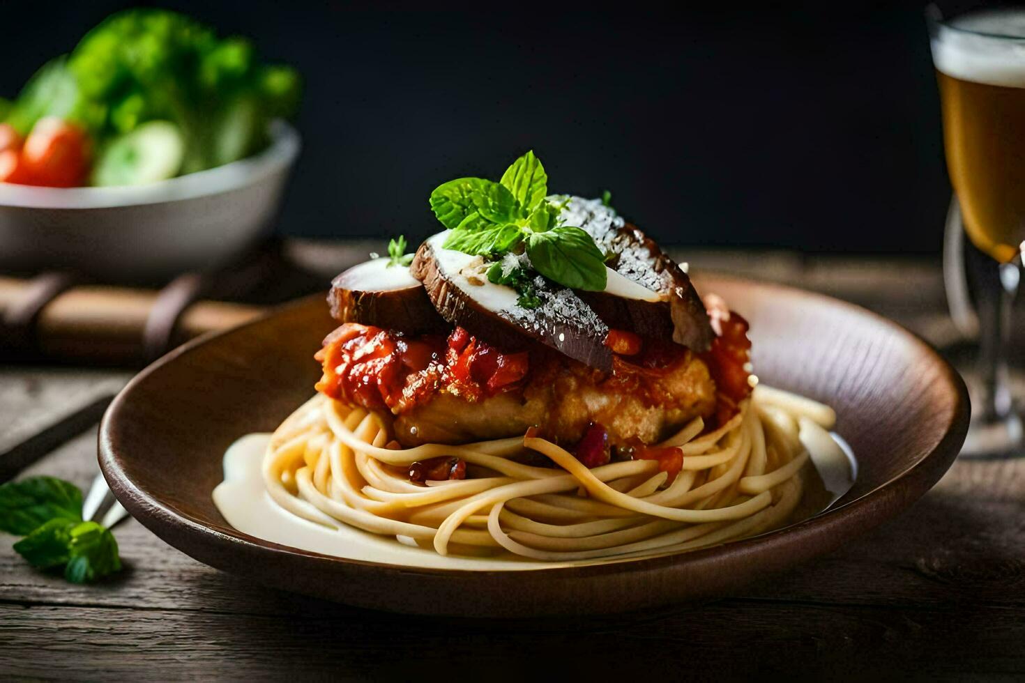 a plate of spaghetti with meat and tomato sauce. AI-Generated photo