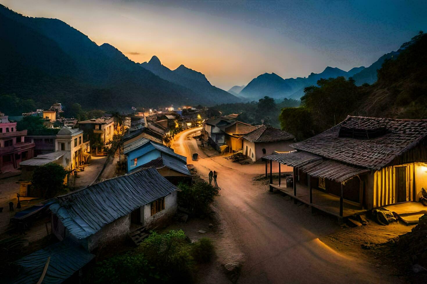 a village at dusk in the mountains. AI-Generated photo