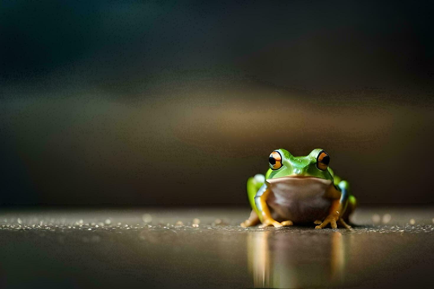 a frog sitting on the ground with a blurry background. AI-Generated photo