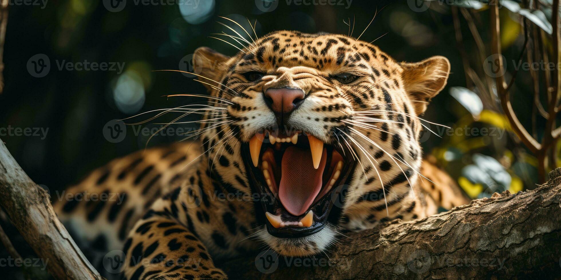 Magnificent Jaguar resting on a tree trunk with open mouth AI Generative photo