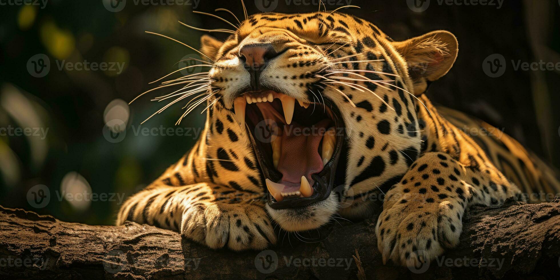 Magnificent Jaguar resting on a tree trunk with open mouth AI Generative photo