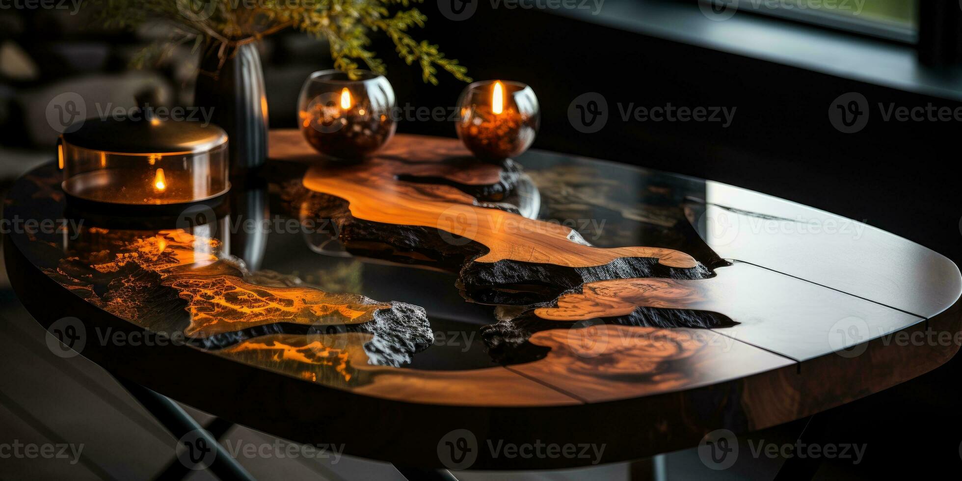Luxury desk with epoxy resin and varnish Round tree slab with black epoxy river Wooden background hi, AI Generative photo