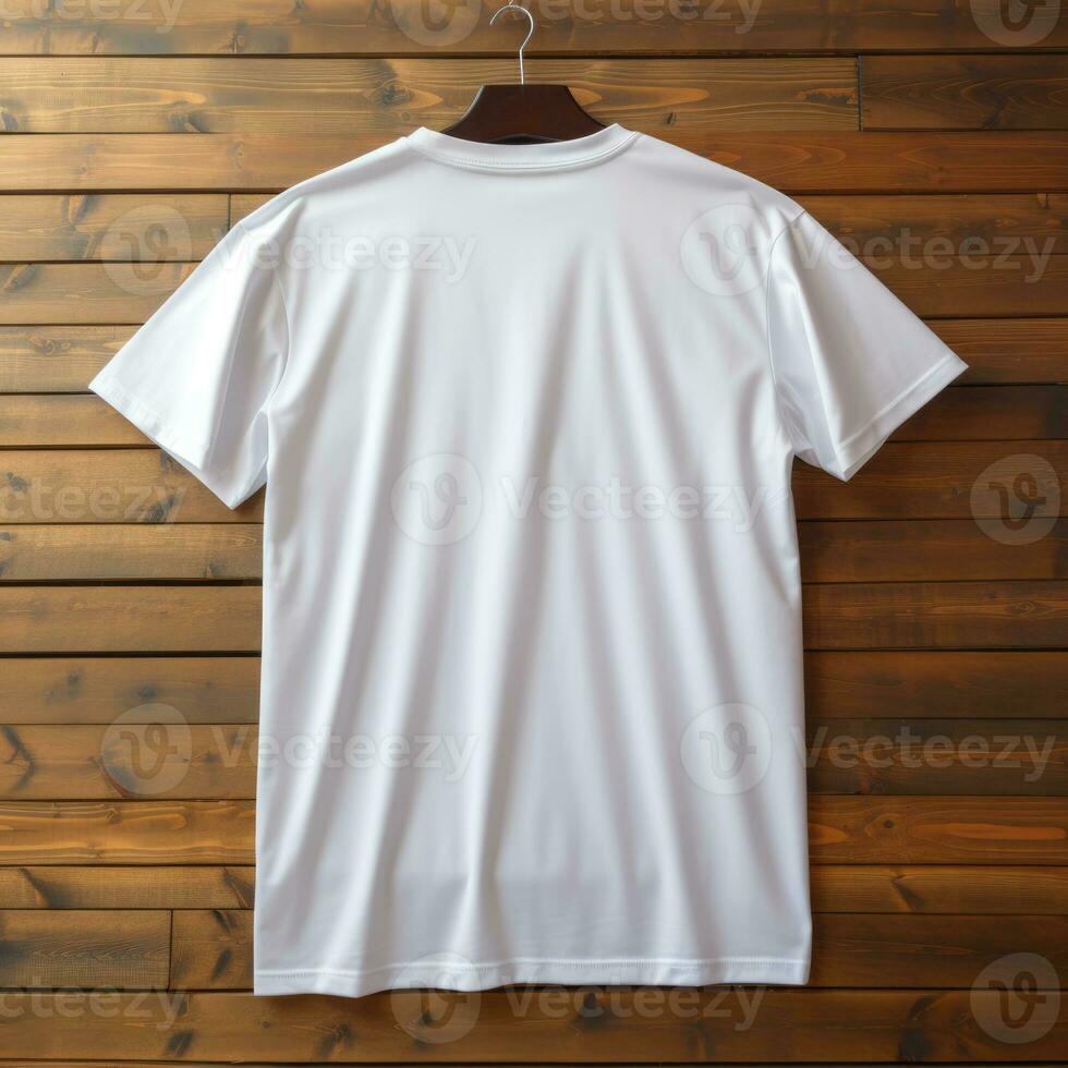 A view from back Luxurious plain white oversize t-shirt mockup with a hanger hanging on a wooden background, AI Generative photo