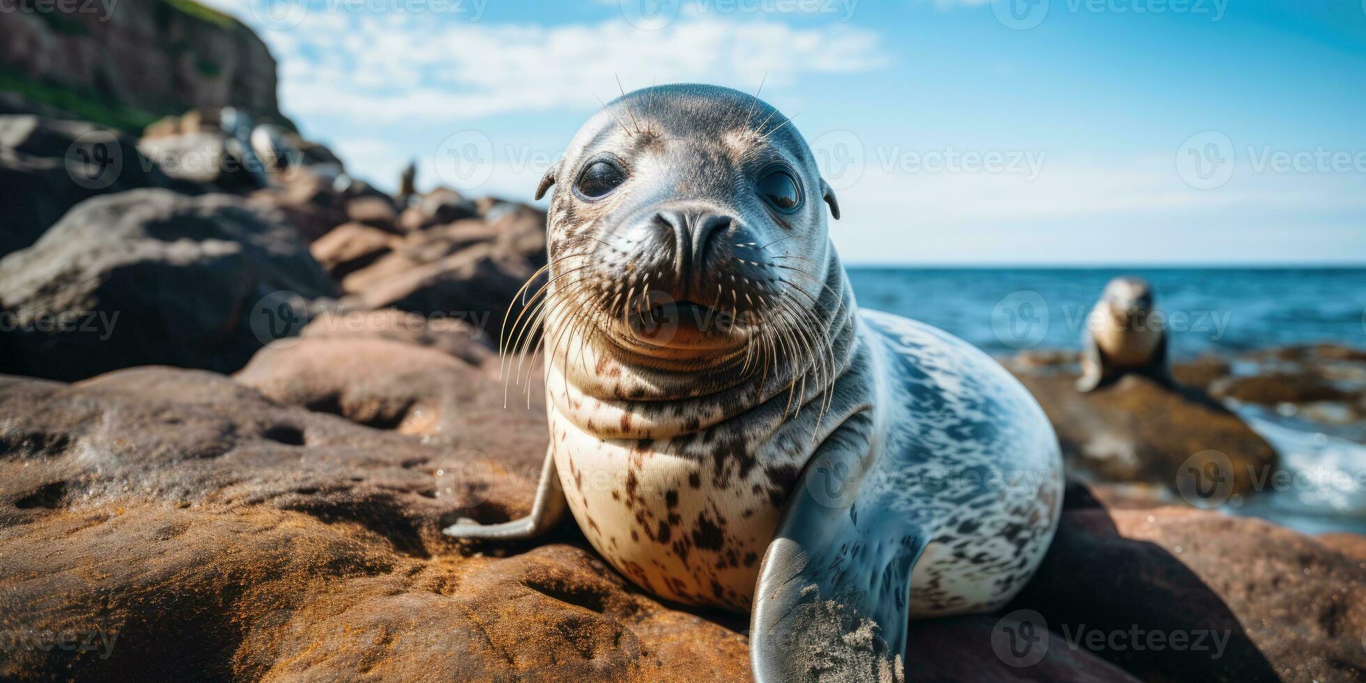 un linda sello sentado en hermosa rock cerca Oceano ai generativo foto