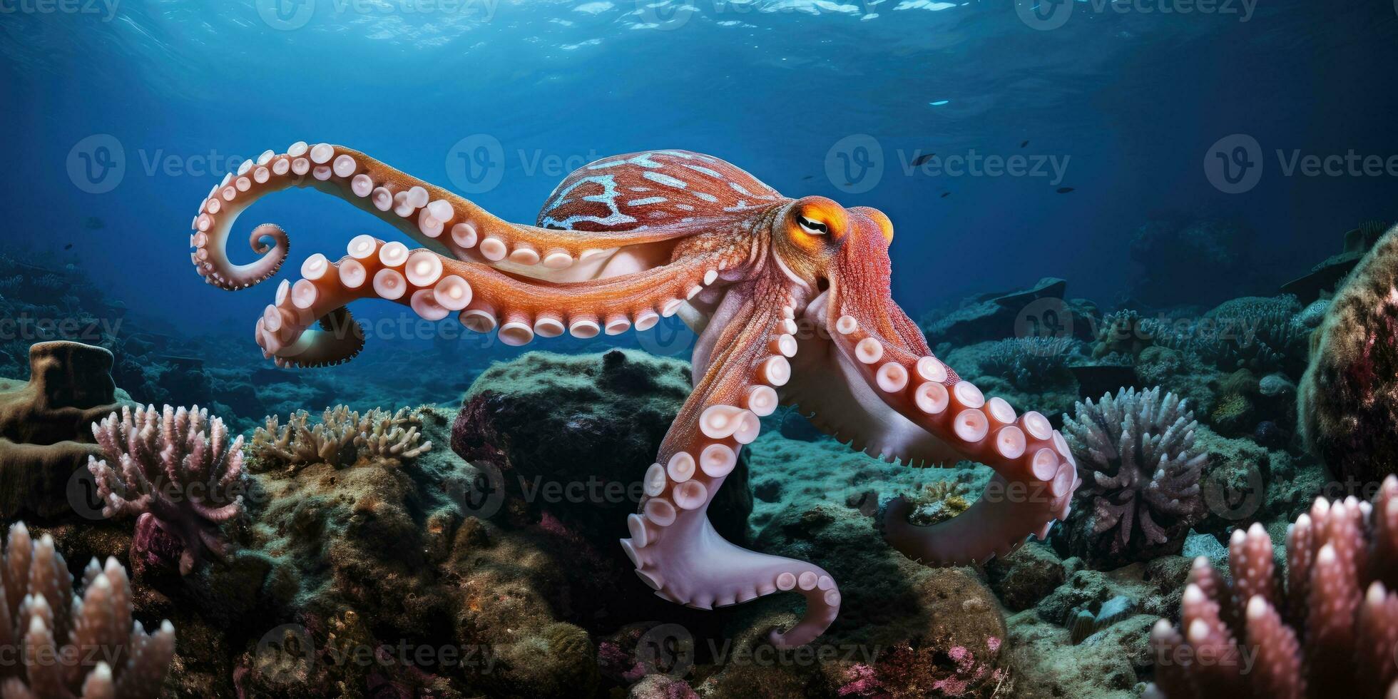 beautiful giant octopus around beautiful colorful coral AI Generative photo