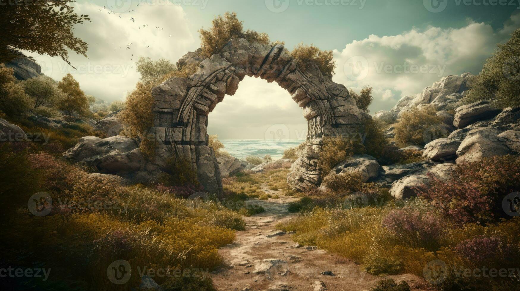 A photography capture of a fantasy landscape with a portal archway, AI Generative photo