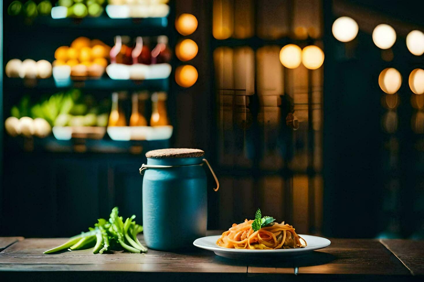 spaghetti with vegetables on a table in a restaurant. AI-Generated photo