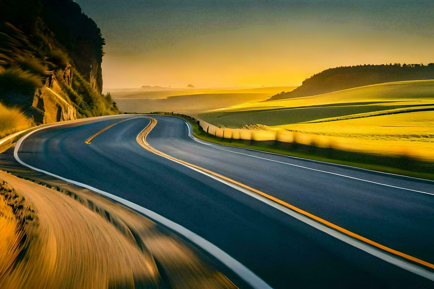 a long, winding road with a sunset in the background. AI-Generated photo