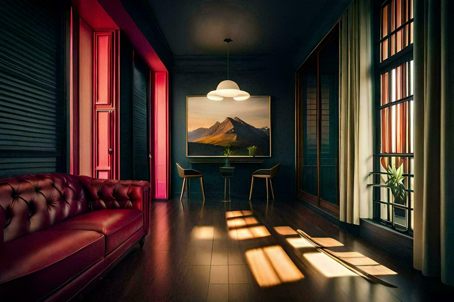 a room with a red couch and a painting on the wall. AI-Generated photo