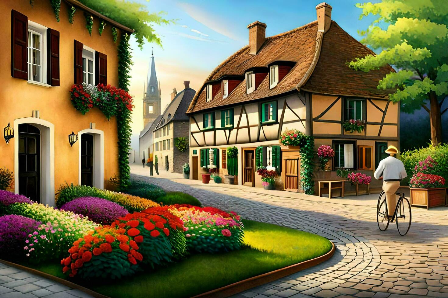 a painting of a street with flowers and houses. AI-Generated photo