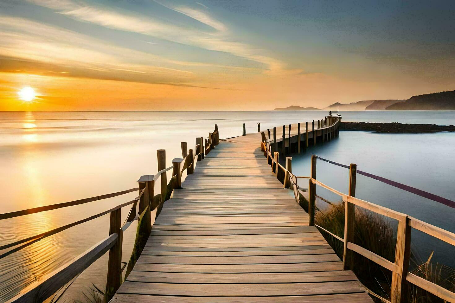 a wooden bridge leads to the ocean at sunset. AI-Generated photo
