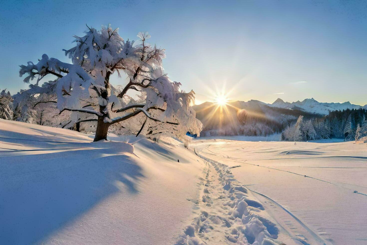 a tree in the snow with the sun shining. AI-Generated photo