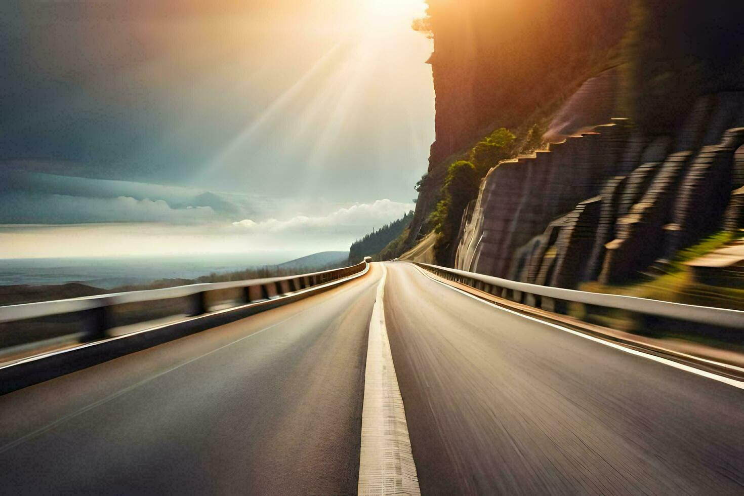 a highway with a sun shining through the clouds. AI-Generated photo