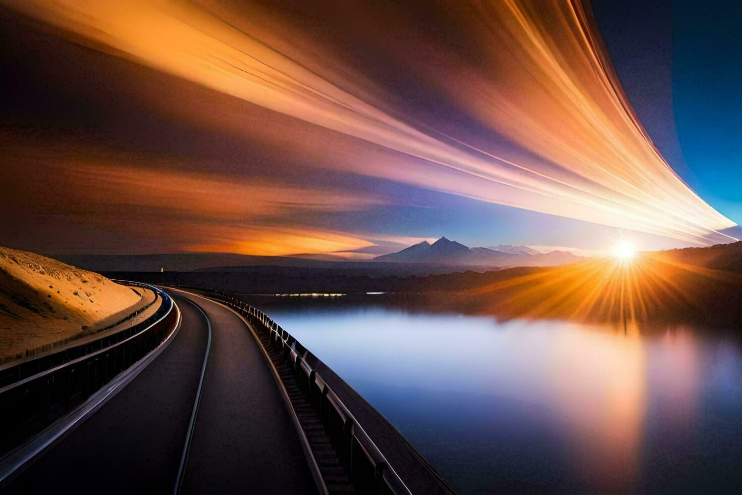 a long exposure photograph of a train going over a bridge. AI-Generated photo