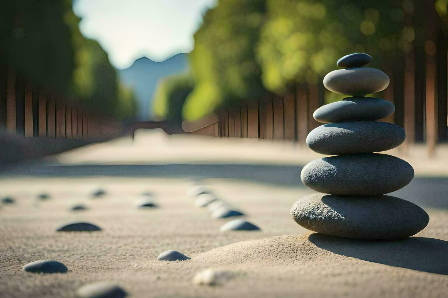 a stack of rocks in the middle of a road. AI-Generated photo