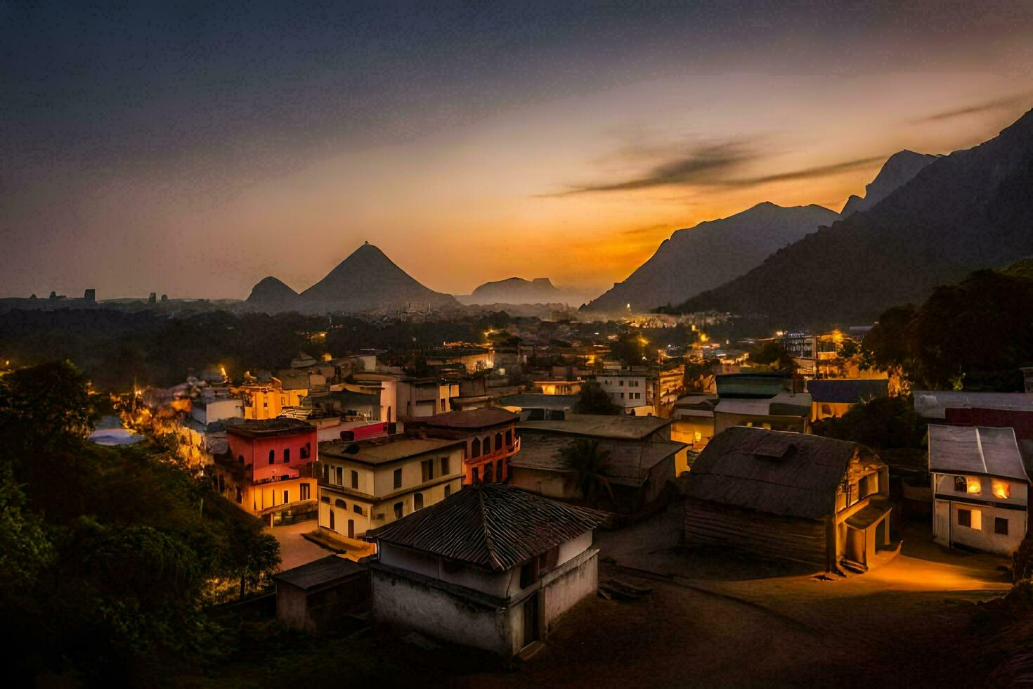 un pueblo en el montañas a oscuridad con un montaña en el antecedentes. generado por ai foto
